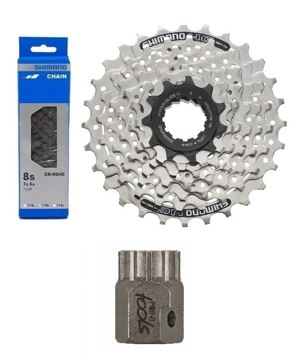 Shimano 7 Speed Wear Set HG40 Chain with HG 41 Cassette 11-28T and Puller