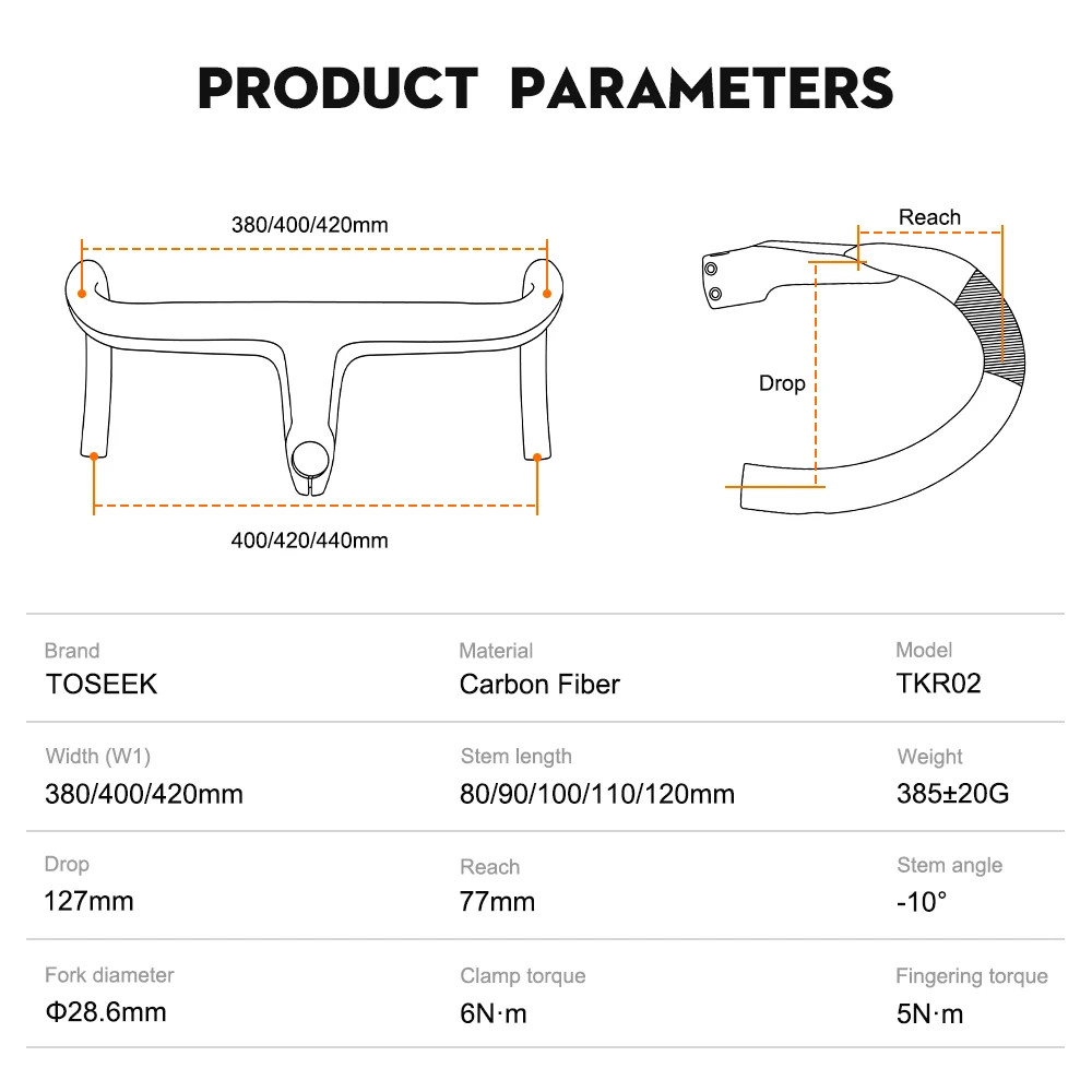 TOSEEK Carbon Fiber Integrated Road Bike Handlebar T800 360-420mm