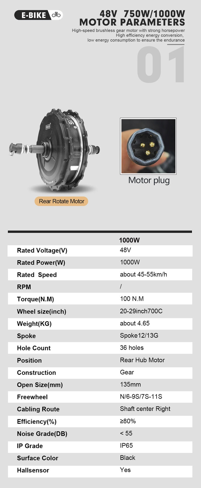 48V 1000W Electric Bike Motor REAR ROTATE Brushless Gear Hub Motor 45-55km/h