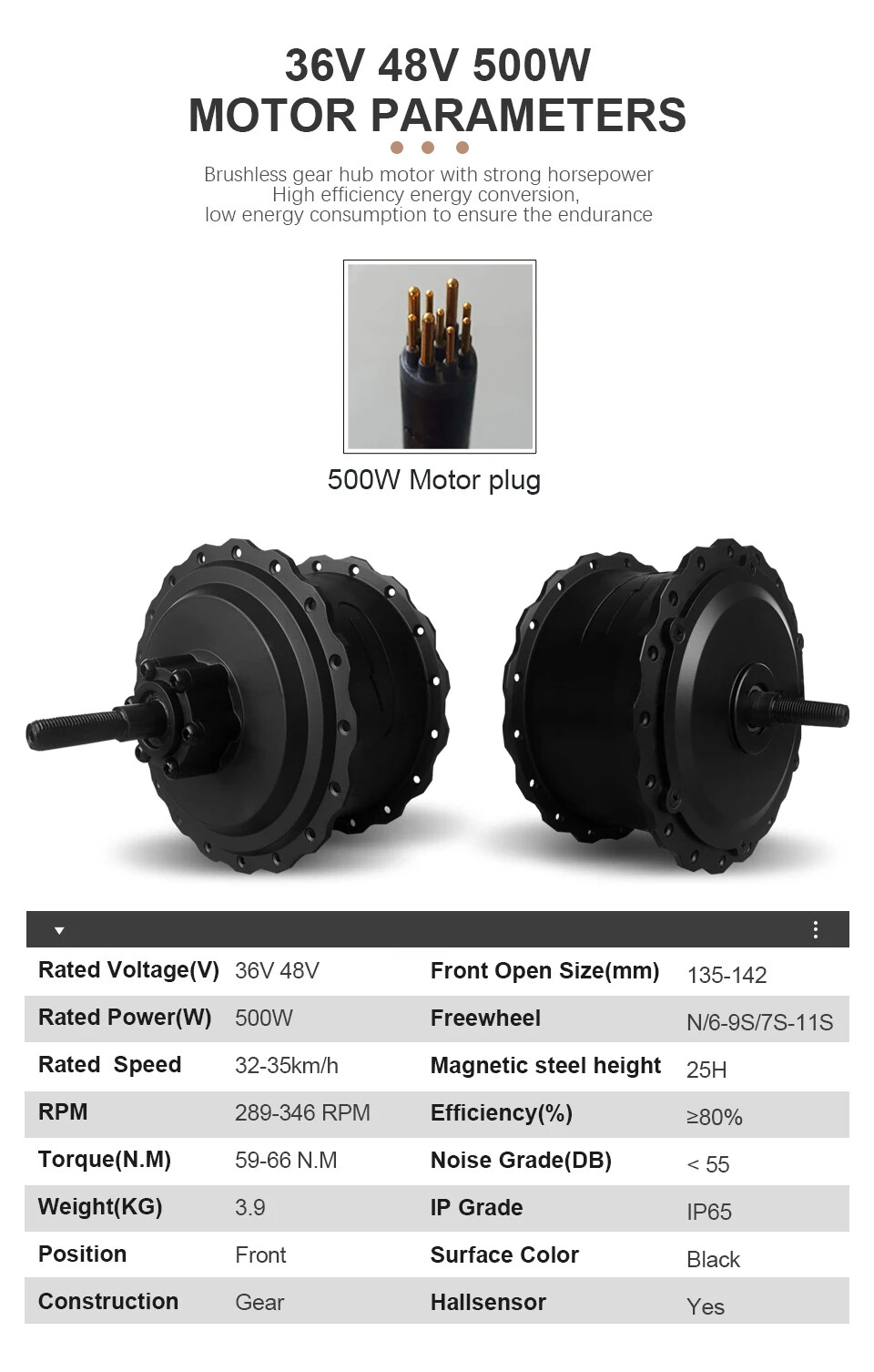 20/24/26In 36V 48V 500W Snow Ebike Fat Tire Brushless Gear Front Wheel Hub Motor