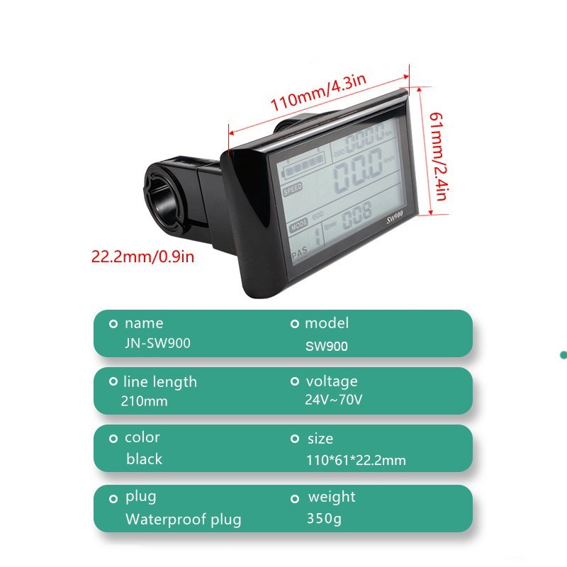 E-Bike SW900 LCD Display 24V/36V/48V/60V LCD Meter Panel Display WP Plug.