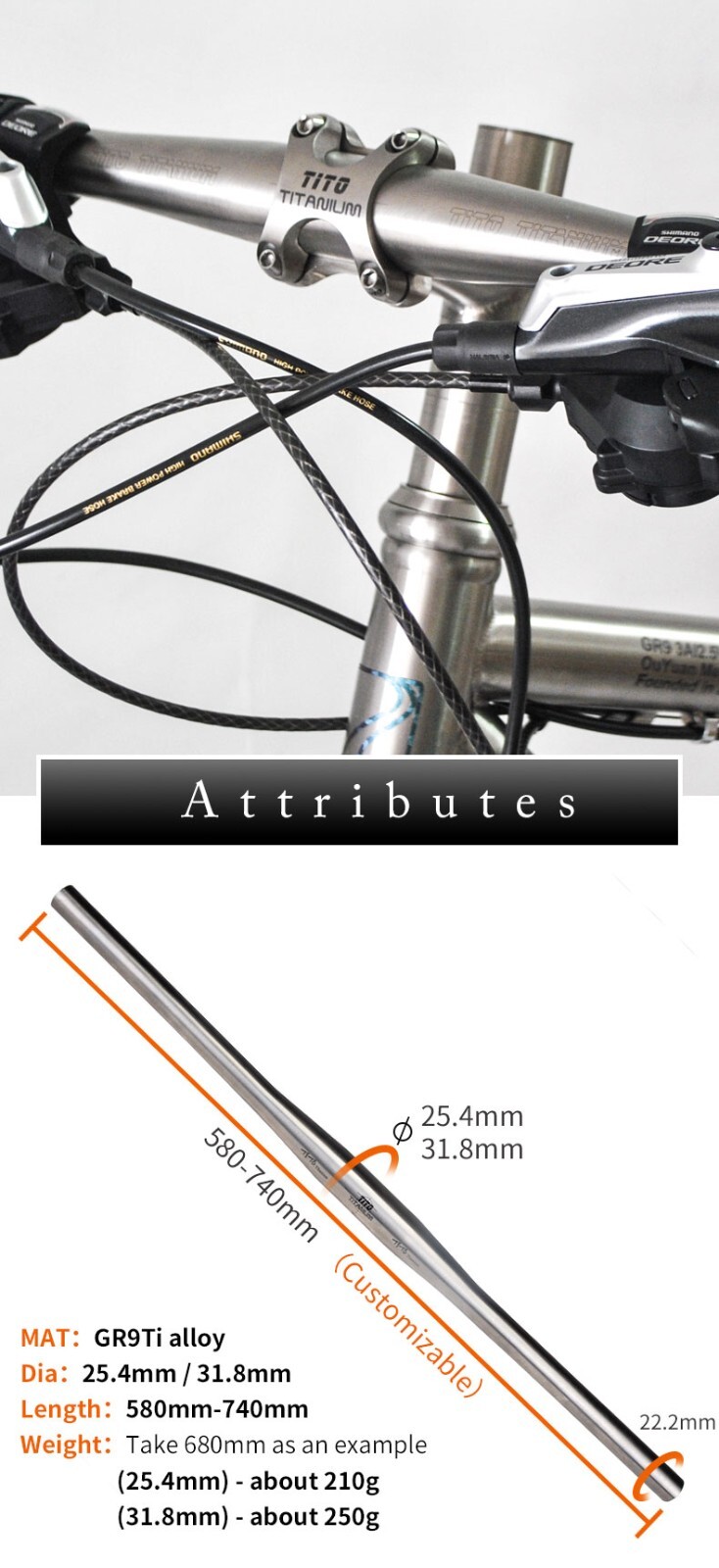 Titanium Flat Handle Bar 25.4/31.8*580-740mm-Mountain Bike/MTB Double Butted Ti