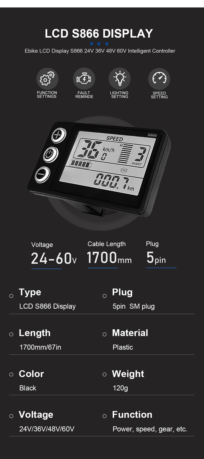 Ebike Sinawave Controller 36V/48V 17/26/30/40A with LCD DIsplay Conversion Parts
