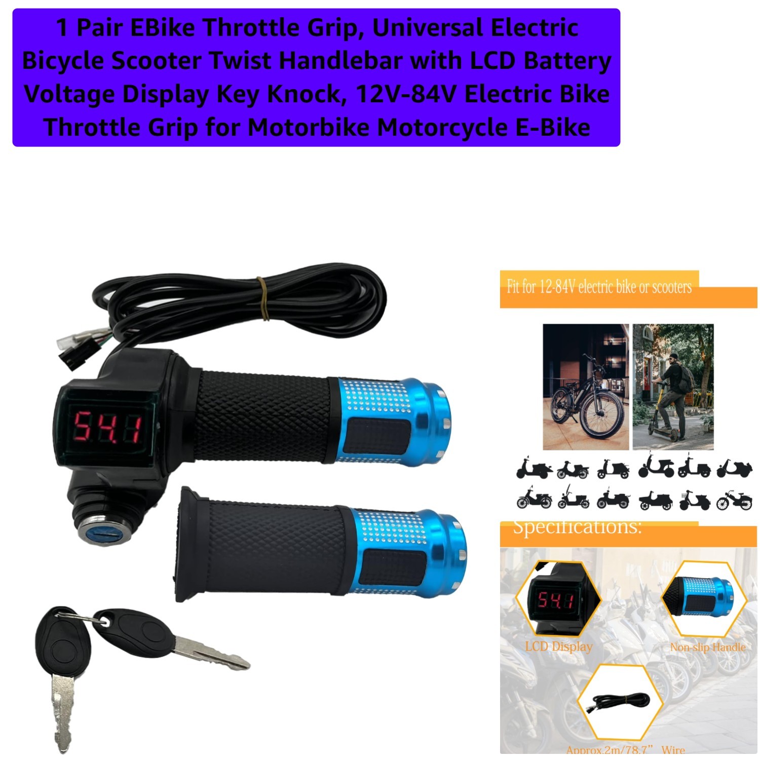 Auto-Detect Voltage Electric Bike Throttle with LCD Display & Non-Slip Grip