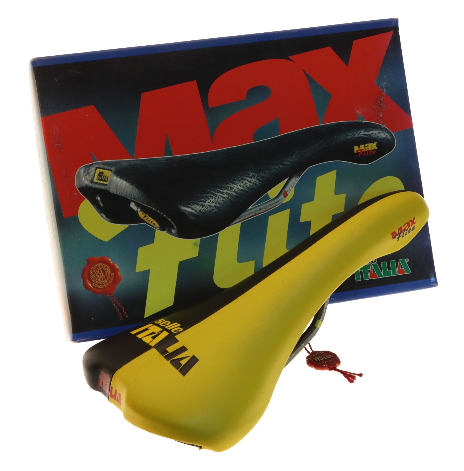 Selle Italia Max Flite Saddle Vanadium Rails Black & Yellow Leather