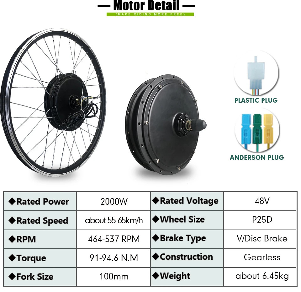 48V 2000W Mountain E-bike Front Drive Brushless Gearless Motor 20-29 Inch 700C