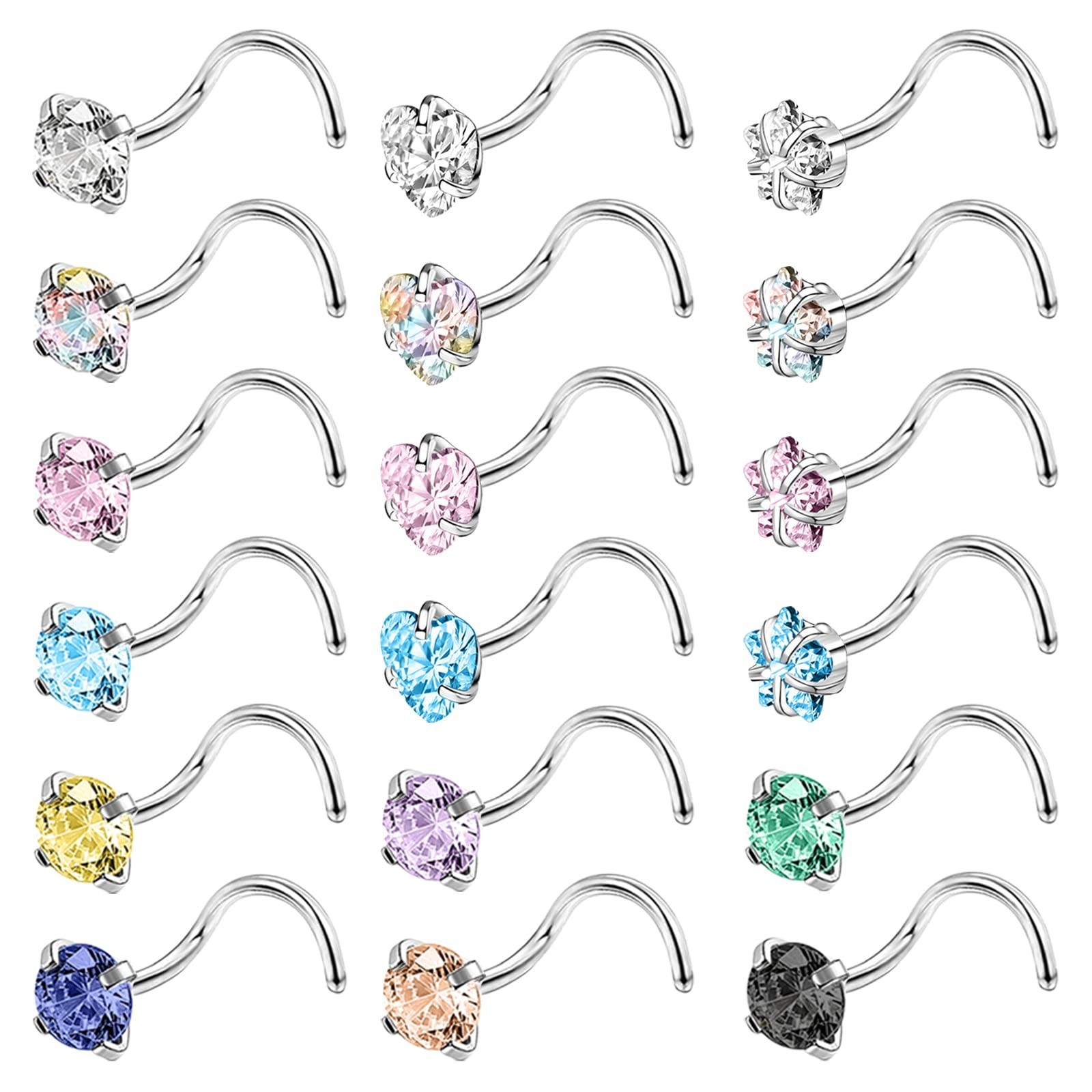 18pcs Stainless Steel Nose Studs Rings, 20 Gauge L Shaped stud Nose Rings for…