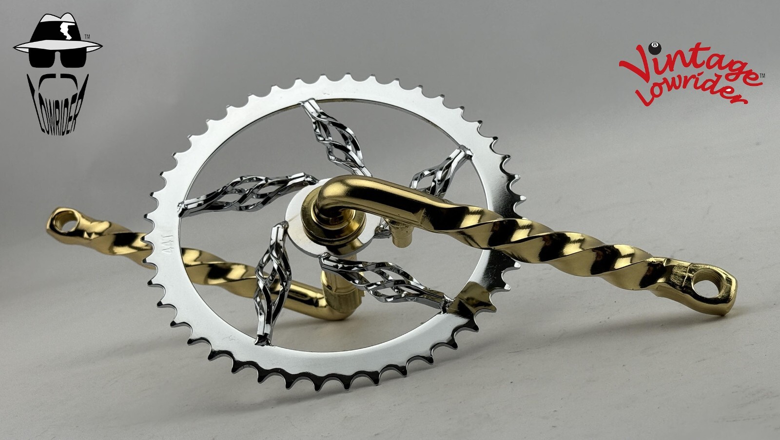Vtg LOWRIDER 6 CAGE SPROCKET 44T & 6 1/2 TWISTED CRANK CRUISER BICYCLES CH/GOLD.