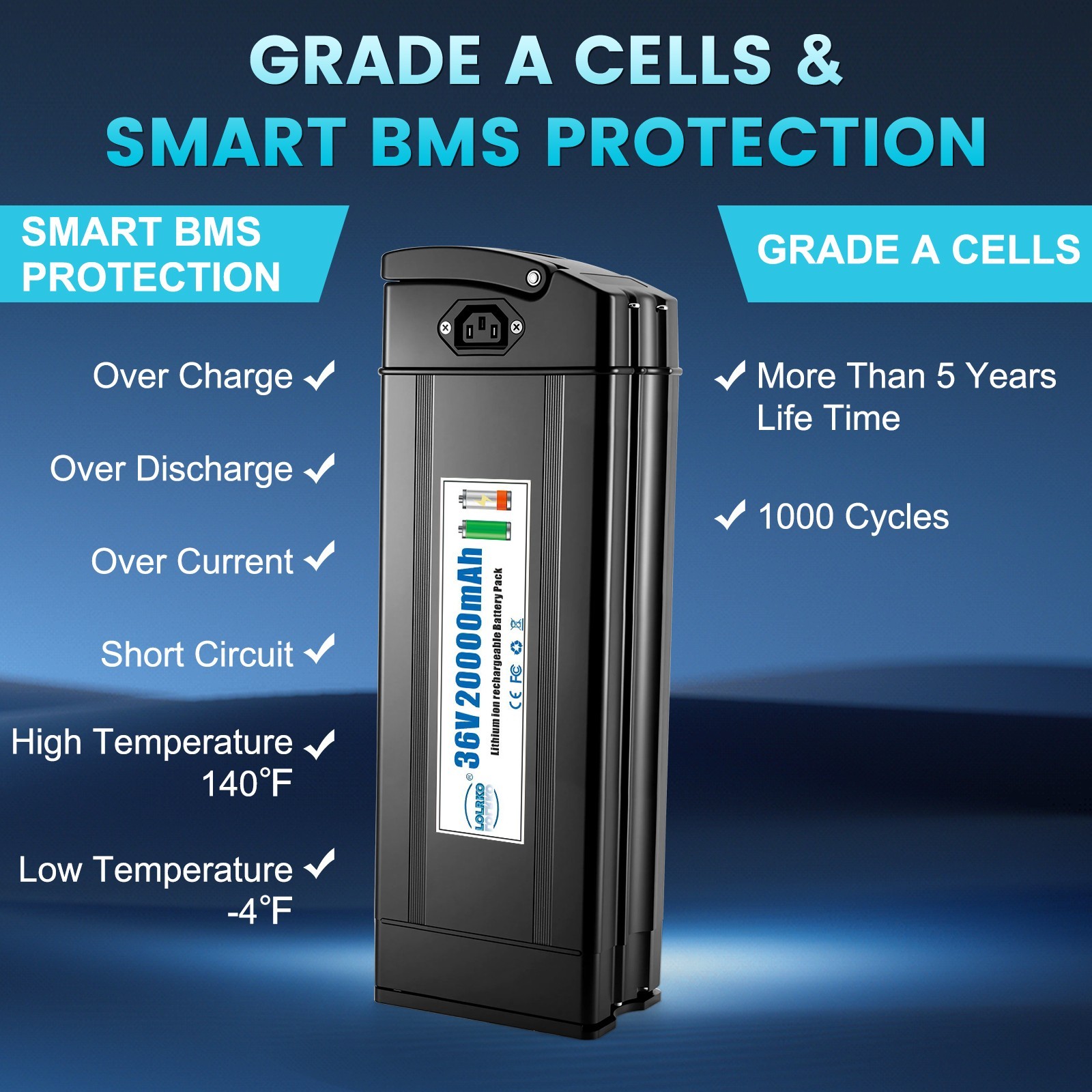36V 20AH Battery for 200W-1000W Folding electric bicycle 30A BMS