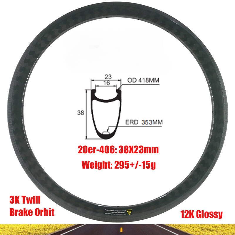 20er 406 Road Bike Carbon Rim 23mm Wide 38mm Deep Clincher V Brake 16-36 Holes