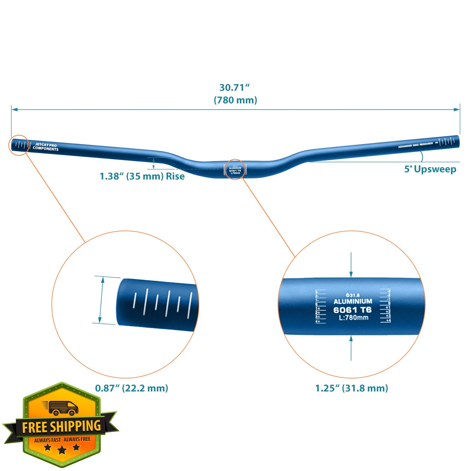JETCAT MTB Handlebars Blue 35mm rise 780mm width