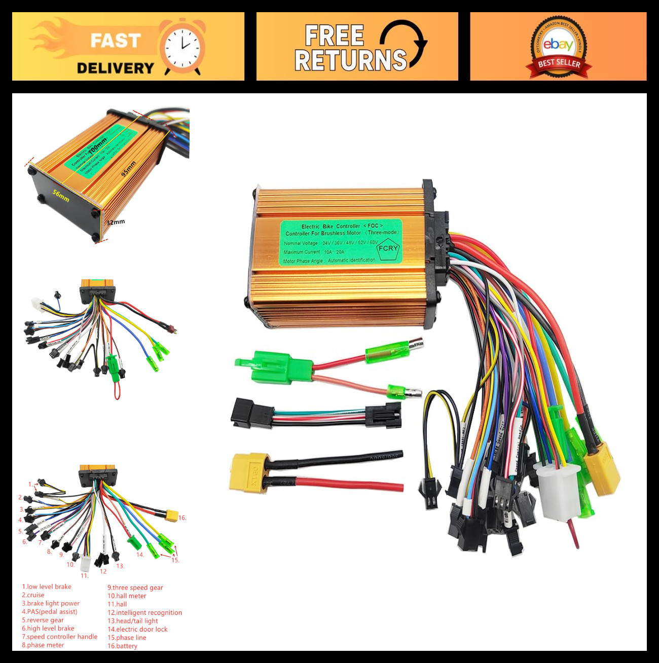 Universal 24V 36V 48V 60V Brushless Motor Controller for E-Bike & E-Scooter 10A