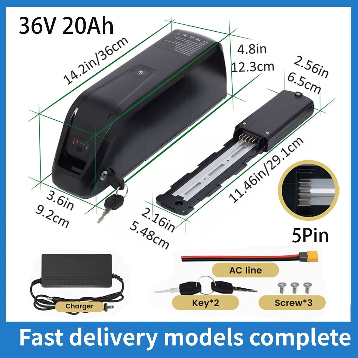 36V 20Ah Electric Bicycle Bike Ebike Lithium Battery Rechargeable 5Pin 40A BMS