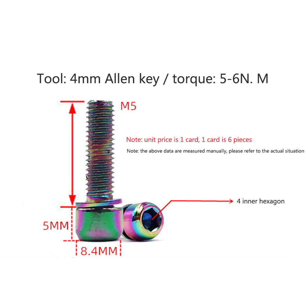6pcs Durable M5x18mm Bike Stem Bolts Allen Head MTB Handlebar Screws w/ Washers
