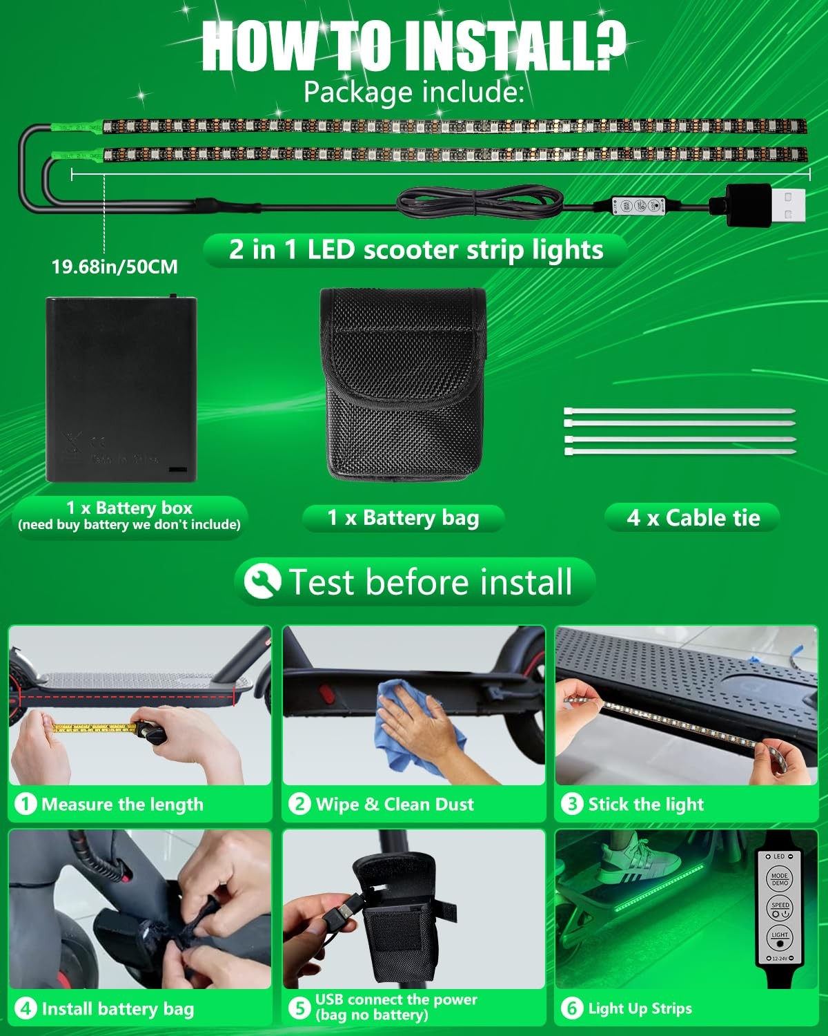 Led Lights for Scooter Night Riding, Electric Scooter LED Light Green Led Lig