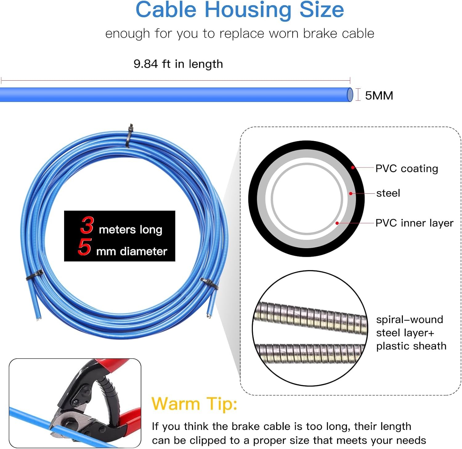 Universal Brake Cable Housing,5mm 3Meters,Lined Bicycle/Bike Brake Cable Housing