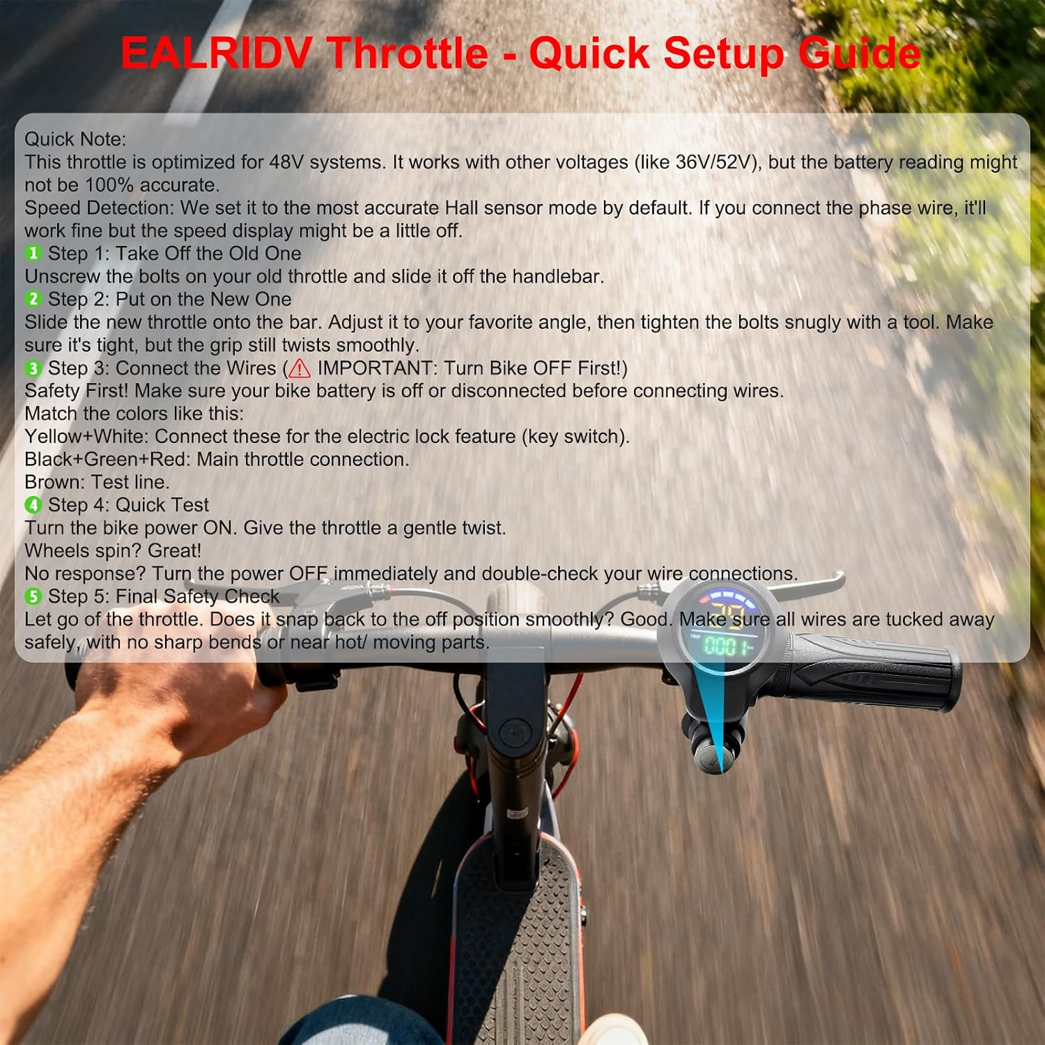 48V Ebike Throttle with Colored LCD Display, Key Lock 6 Pin Full Twist Throttle