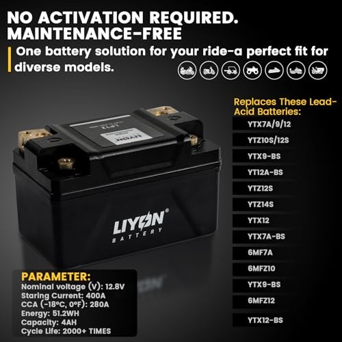 LIYON Lithium YTX9-BS/YTX7A-BS/YTZ10S-BS Motorcycle ATV Battery, LP12-BL-4AH