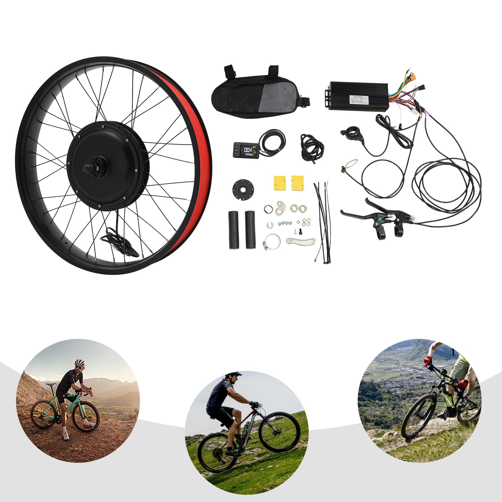 26″ 1500W 48V Front Wheel E-Bike Conversion Kit with LCD Display Thumb Throttle