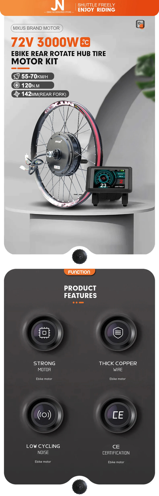 72V 3000W Mountain Electric Bike Brushless Rear Hub Motor Wheel with LCD Display