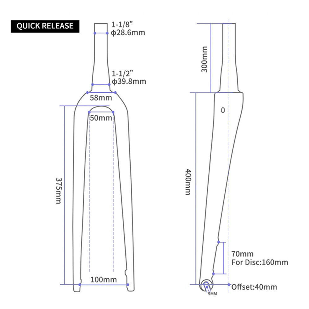 TOSEEK 700C Carbon Fiber Gravel Road Bike Fork Disc Brake QR/Thru Axle 100*12mm