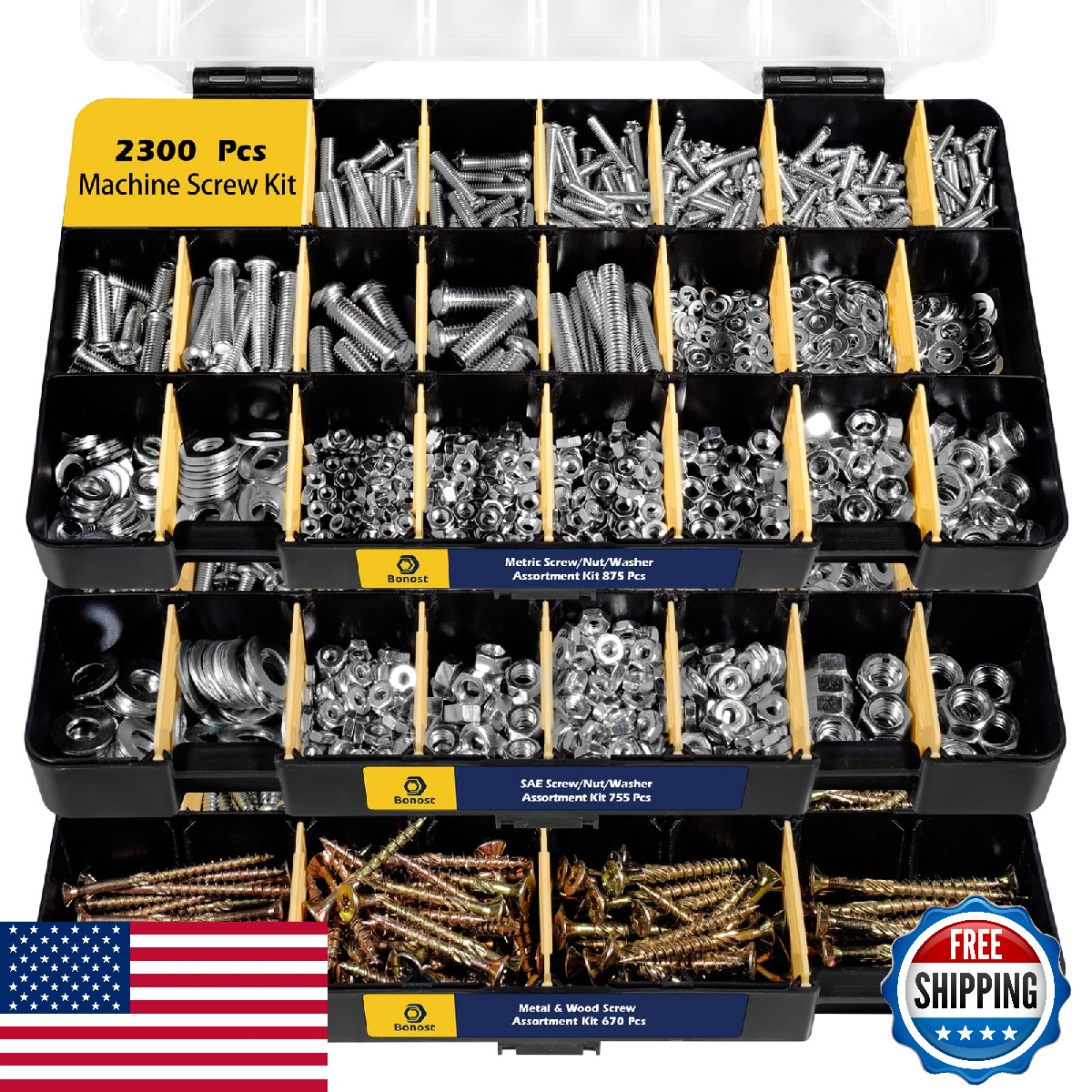 Bonost 2300-pc Hardware Assortment Kit: Metric & SAE Screws, Nuts, Bolts, Washer