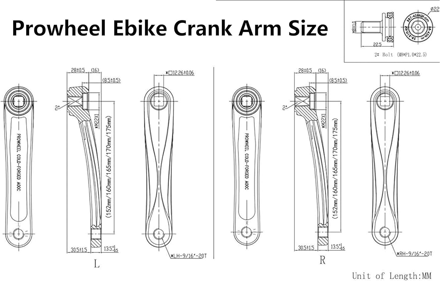 PROWHEEL Ebike Crank Arm Available in Square Hole,140MM/152MM/160MM/165MM/170MM/