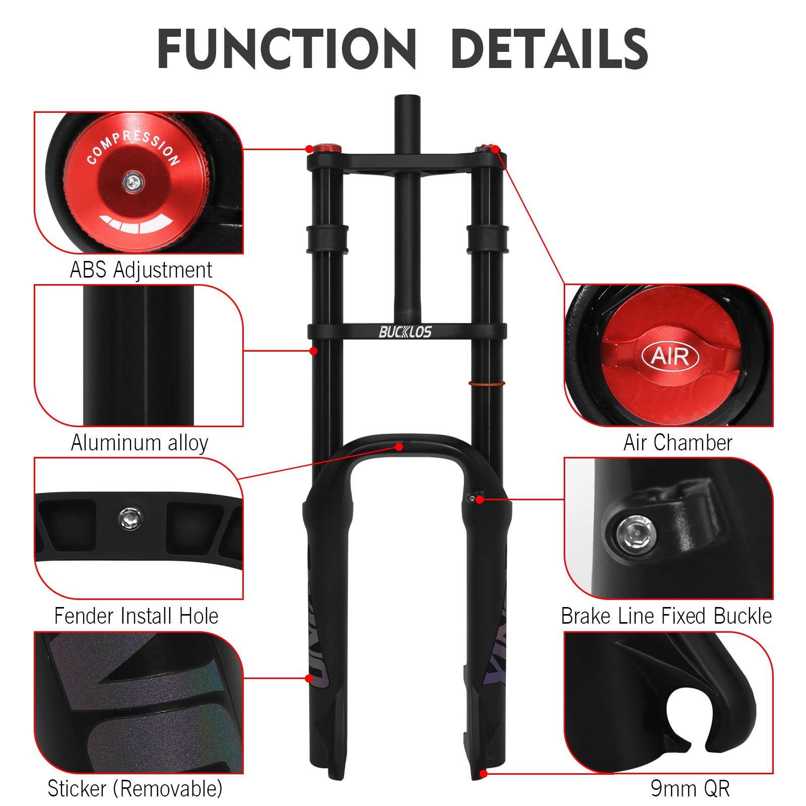 BUCKLOS 20 inch 4.0 Fat Tire E-Bike Air Suspension Fork 180mm Travel Front Forks