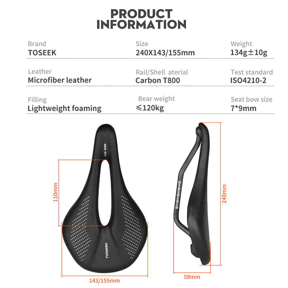 TOSEEK Carbon Rails MTB/Road 143/155mm Bike Saddle Super Light Leather Cushions