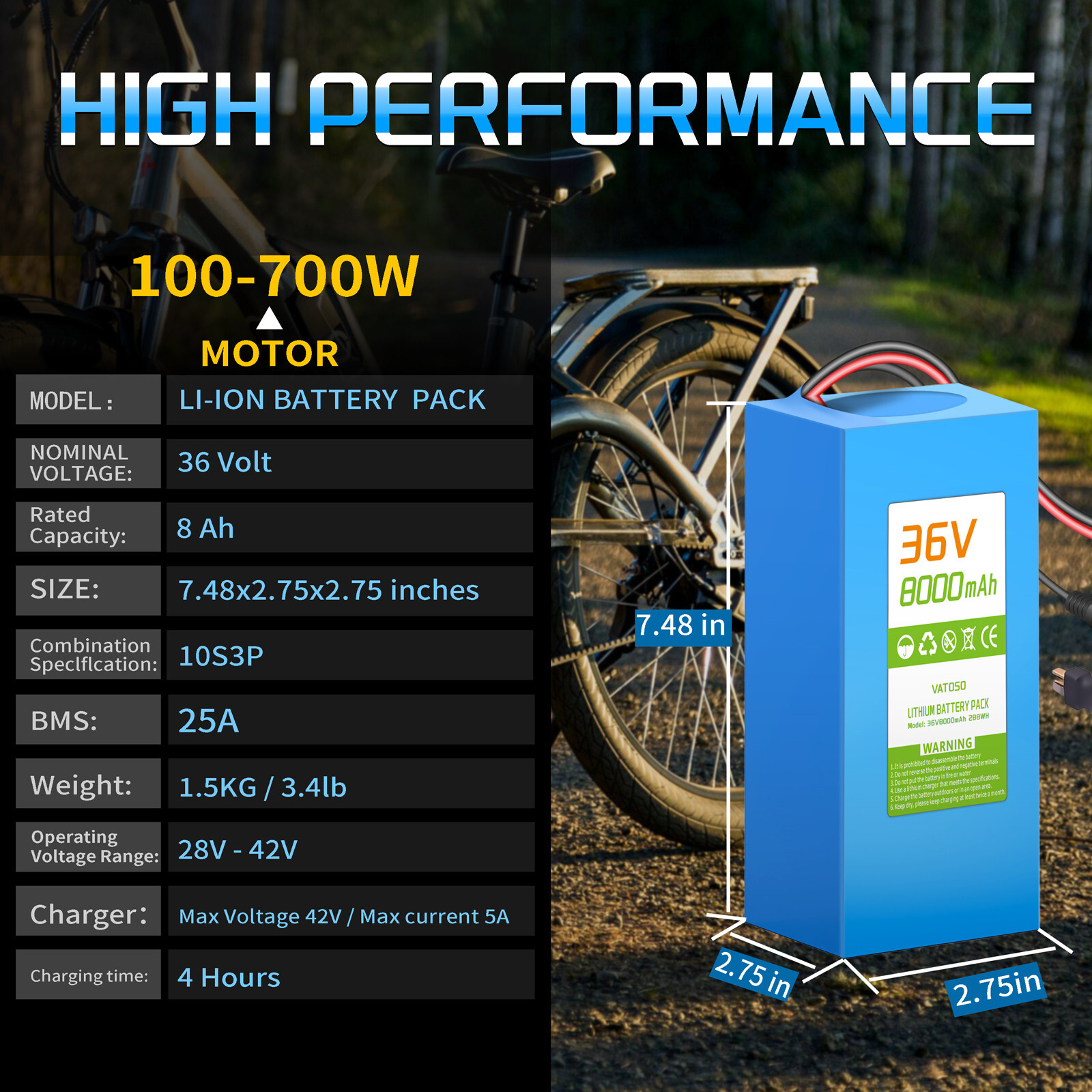 36V 8AH Ebike Battery Lithium for 100W-500W Electric Bicycle