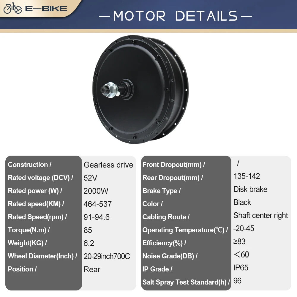 52V 2000W MTB Ebike Brushless Gearless Rear Hub Motor Wheel Drive 20-29inch 700C
