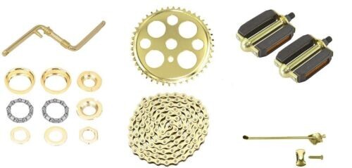 VINTAGE LOWRIDER GOLD CRANK PACKAGE 6 ITEMS FOR 26″ CRUISER/LOWRIDER BICYCLES.