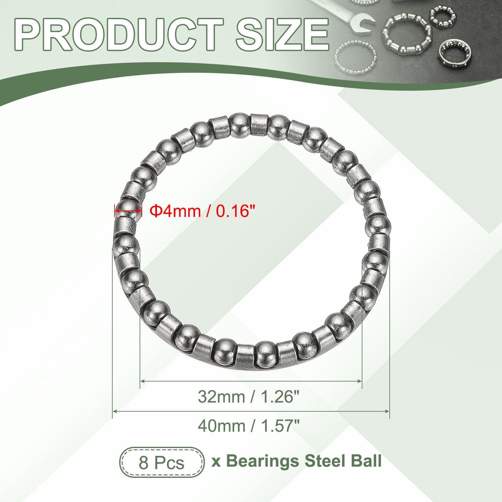 Bike Ball Bearings, Bicycle Crank Bearing #5, 3/16″ x 20 Balls 8 Pack Silver