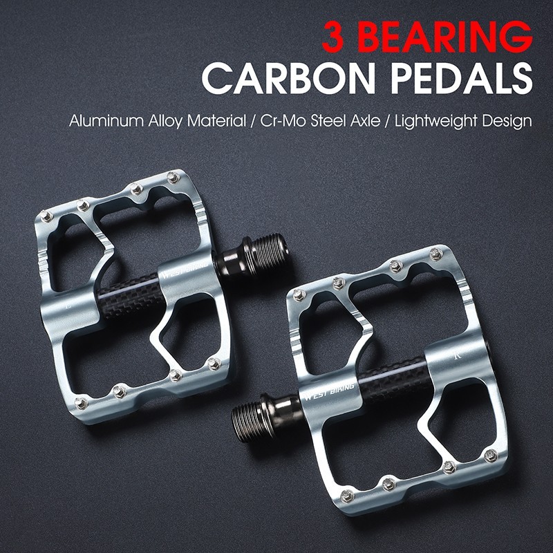 WEST BIKING 3 Sealed Bearings Carbon Fiber Axle Bike Bicycle Pedals 9/16″ Silver