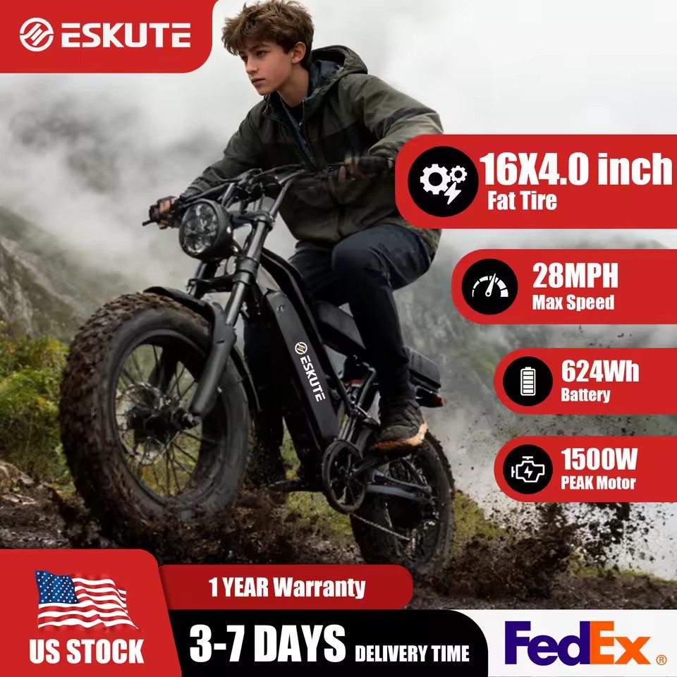 Eskute V100 Electric Bike 1500W Peak 28MPH 48V13Ah Motorcycle 16 X4 Fat Tire New