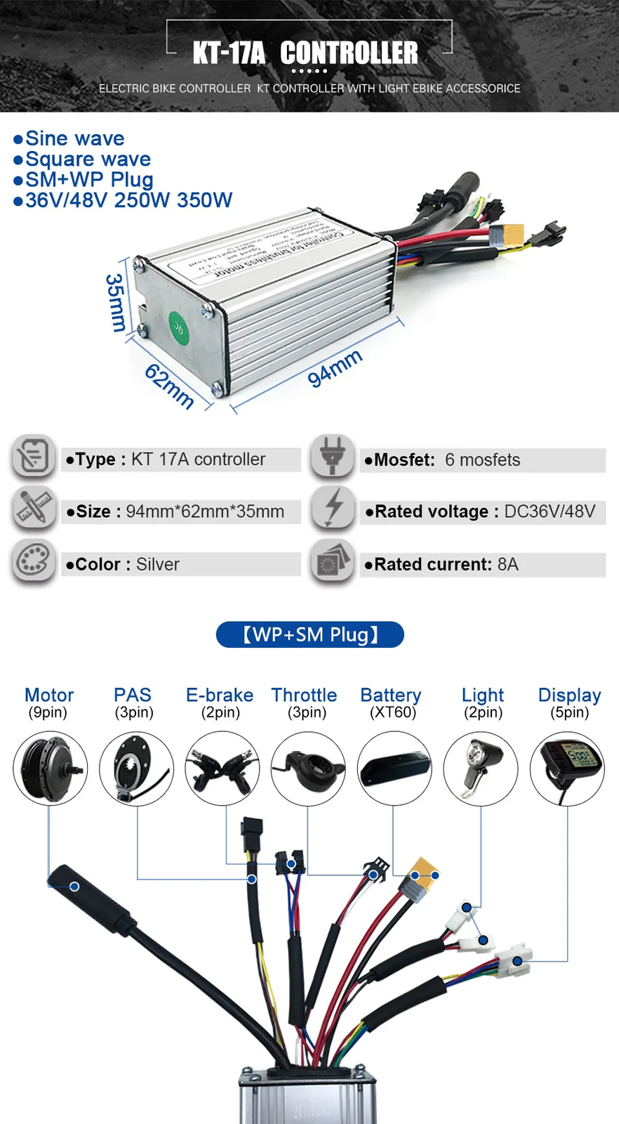 KT Ebike Controller 36V 48V 15A/17A/22A/25A Square/Sinewave Controller 250W-750W