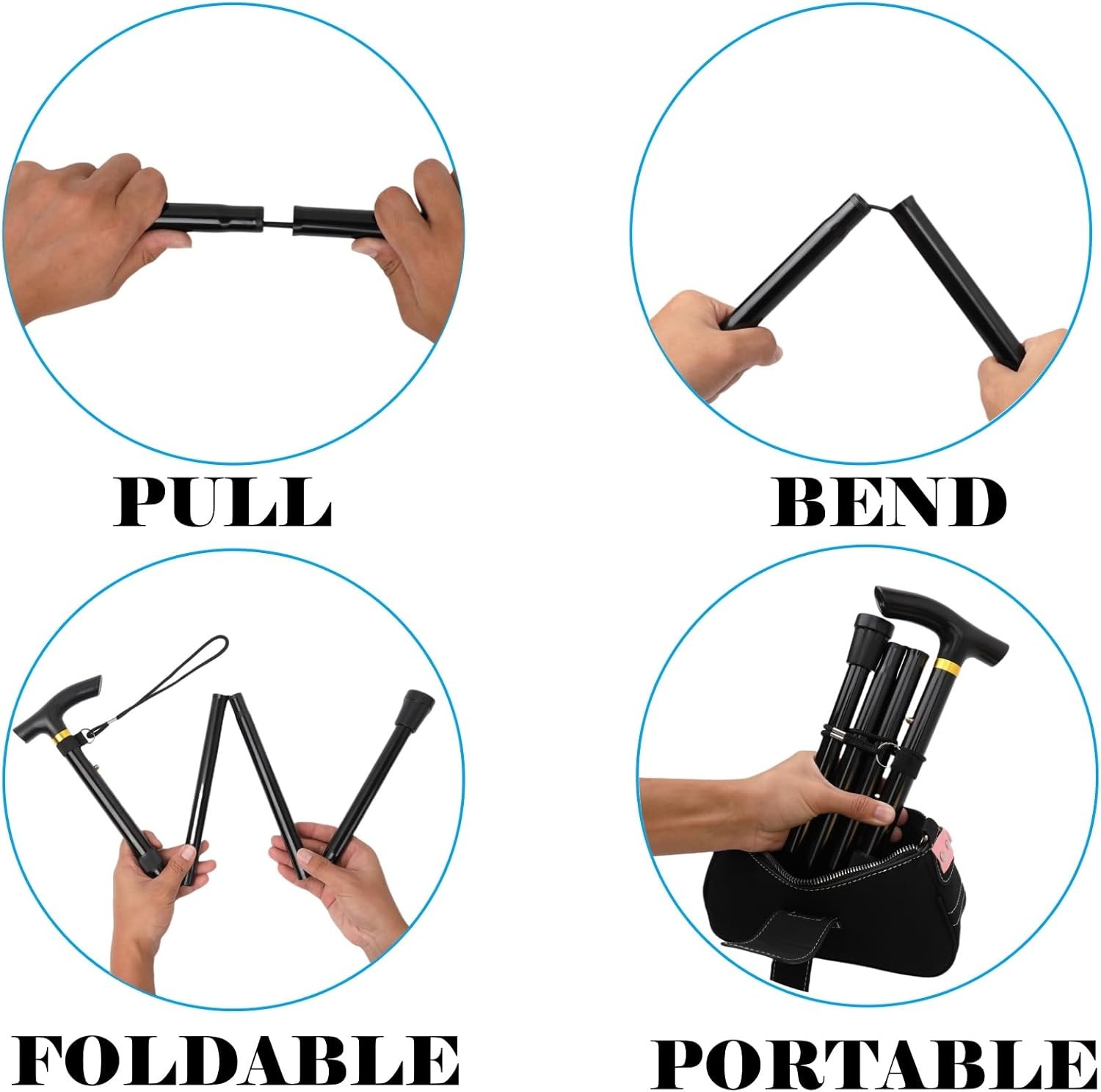 Folding Lightweight Walking Stick – Adjustable Aluminum Metal Black