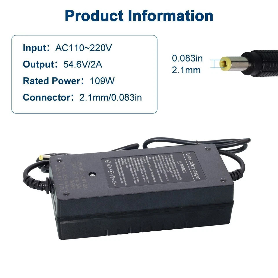 54.6V 2A Smart Charger DC 5.5×2.1mm Plug for 48V Electric Bicycle Li-ion Battery