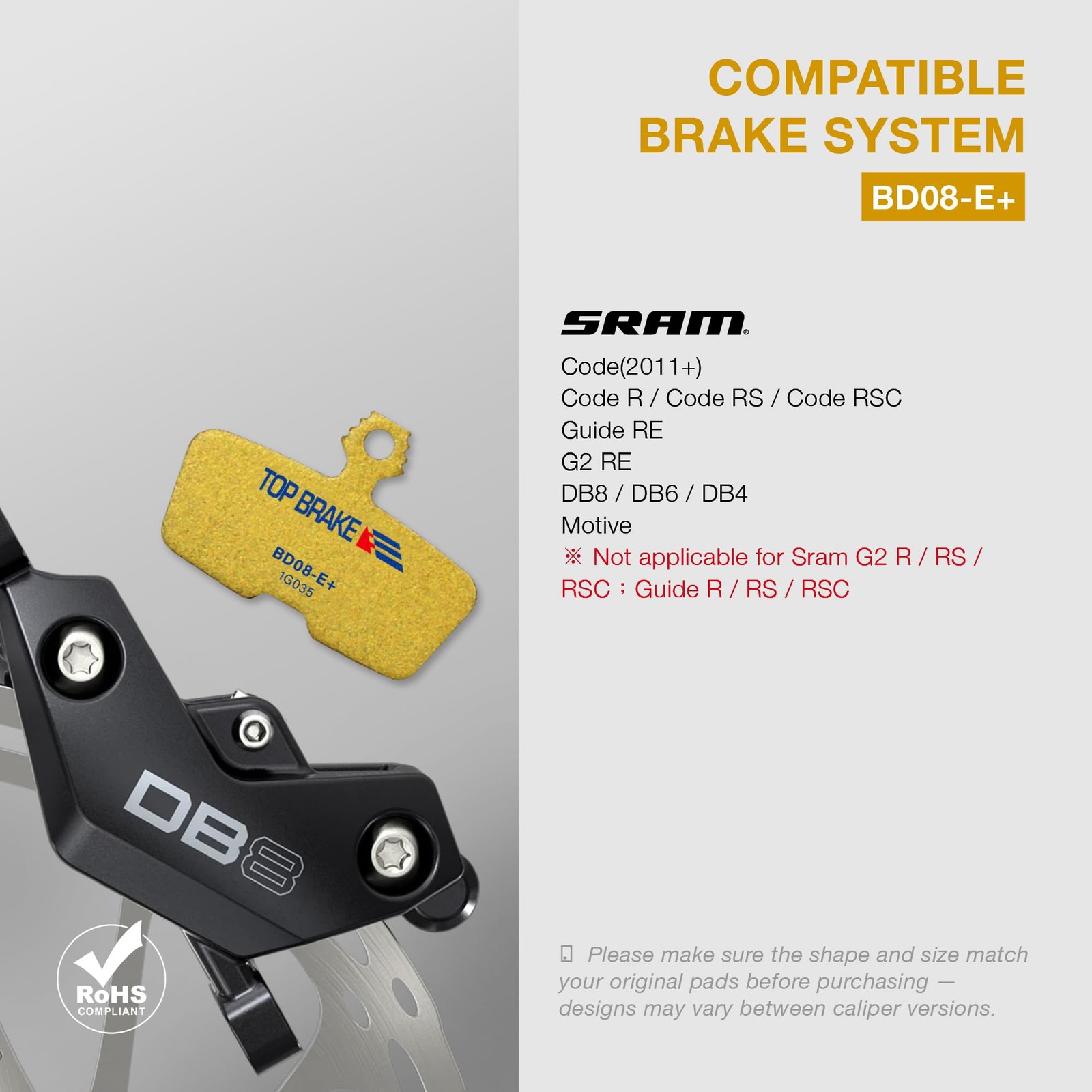 TOP BRAKE Disc Electric Bike Brake Pads for AVID SRAM 1.60*1.11 (in), Gold