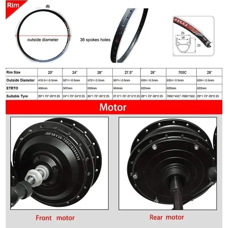 48V 250-500W 20″24″26″700C Wheel Electric Bike Brushless Front/Rear Hub Motor