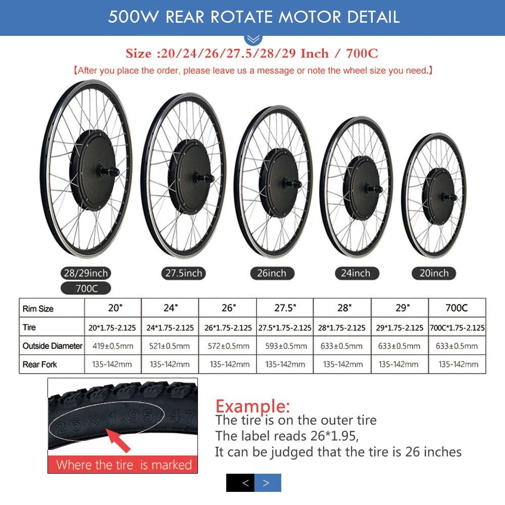 36V 48V 500W Rear Rotate Brushless Gearless Hub Motor for E-bike Conversion Kit