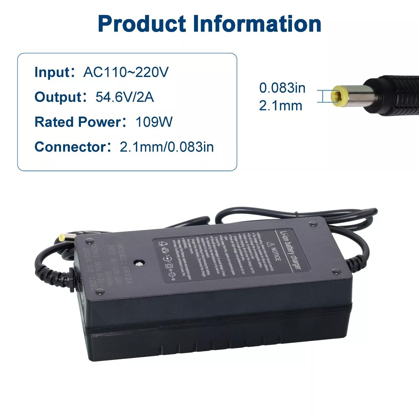 54.6V 2A Power Battery Charger DC 5.5*2.1mm Power Adapter 48V Lithium Battery US