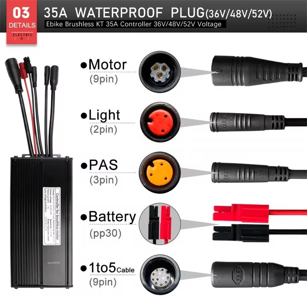 E-bike 36V 48V 52V Brushless KT 35A Sine Wave Controller WP/SM For 1500W Motor