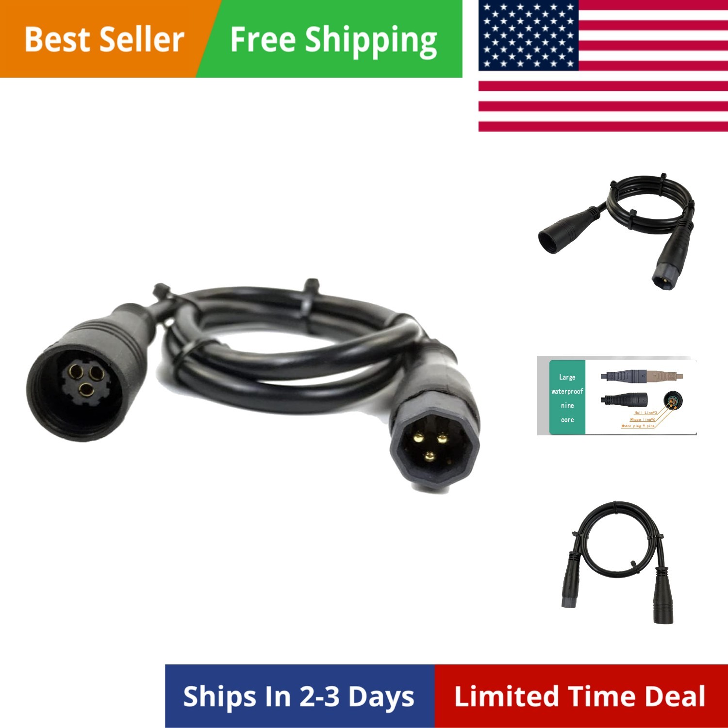 9 Pin Wheel Hub Motor Cable 60cm EBike Motor Cable Female to Male Connector f…