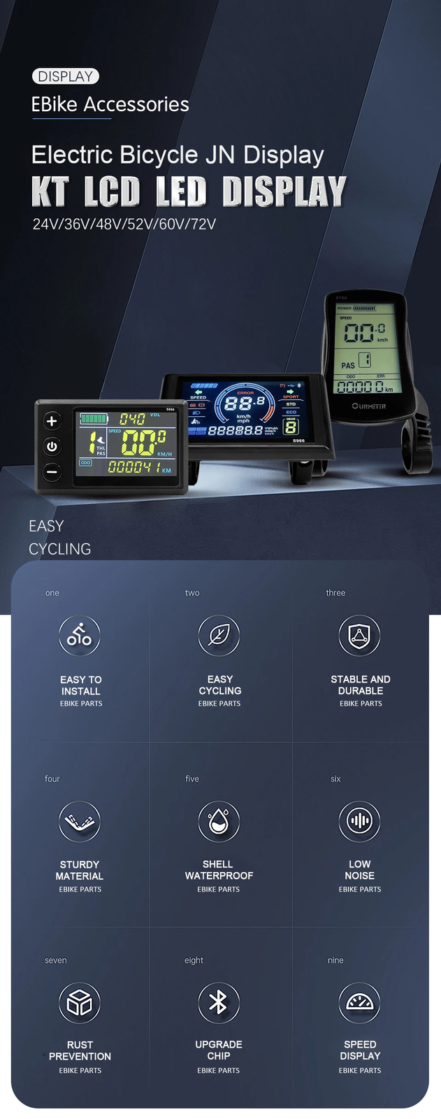 E-bike Display 24V/36V/48V/60V/72V Waterproof/SM Plug for E-bike Conversion Kit