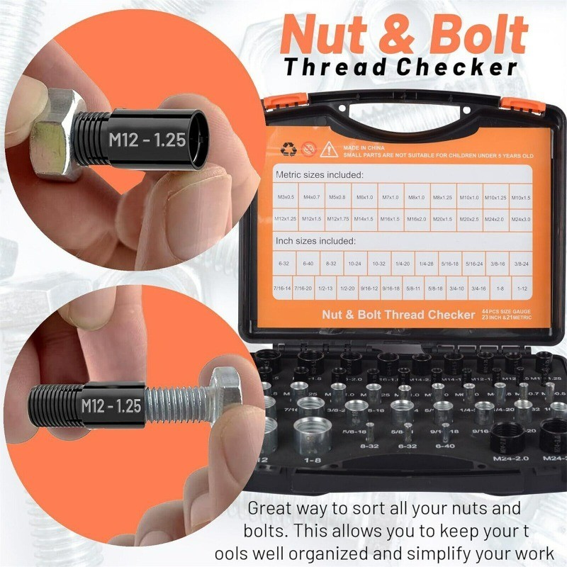 Inch & Metric Sizes Bolt/Nut Identifier 44pcs Nut/ Bolt Thread Checker Gauge Box