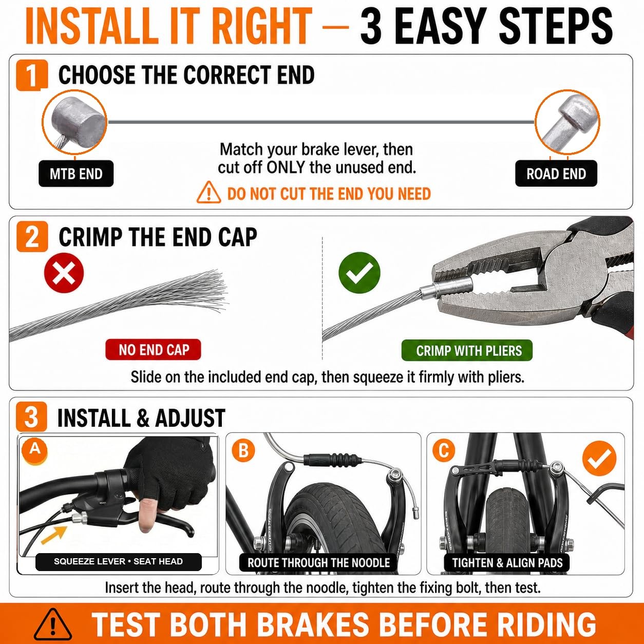 Bike Brake Cable Kit, Dual-Ended Bicy cle Cables with 2.5 0.06″W, black