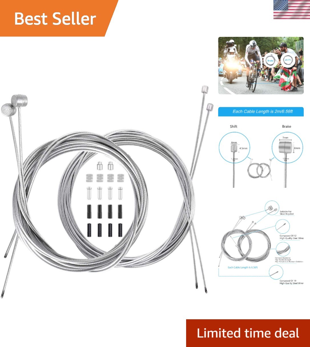 Stainless Steel Universal Bicycle Brake and Shifter Cable Replacement Set 18PCS