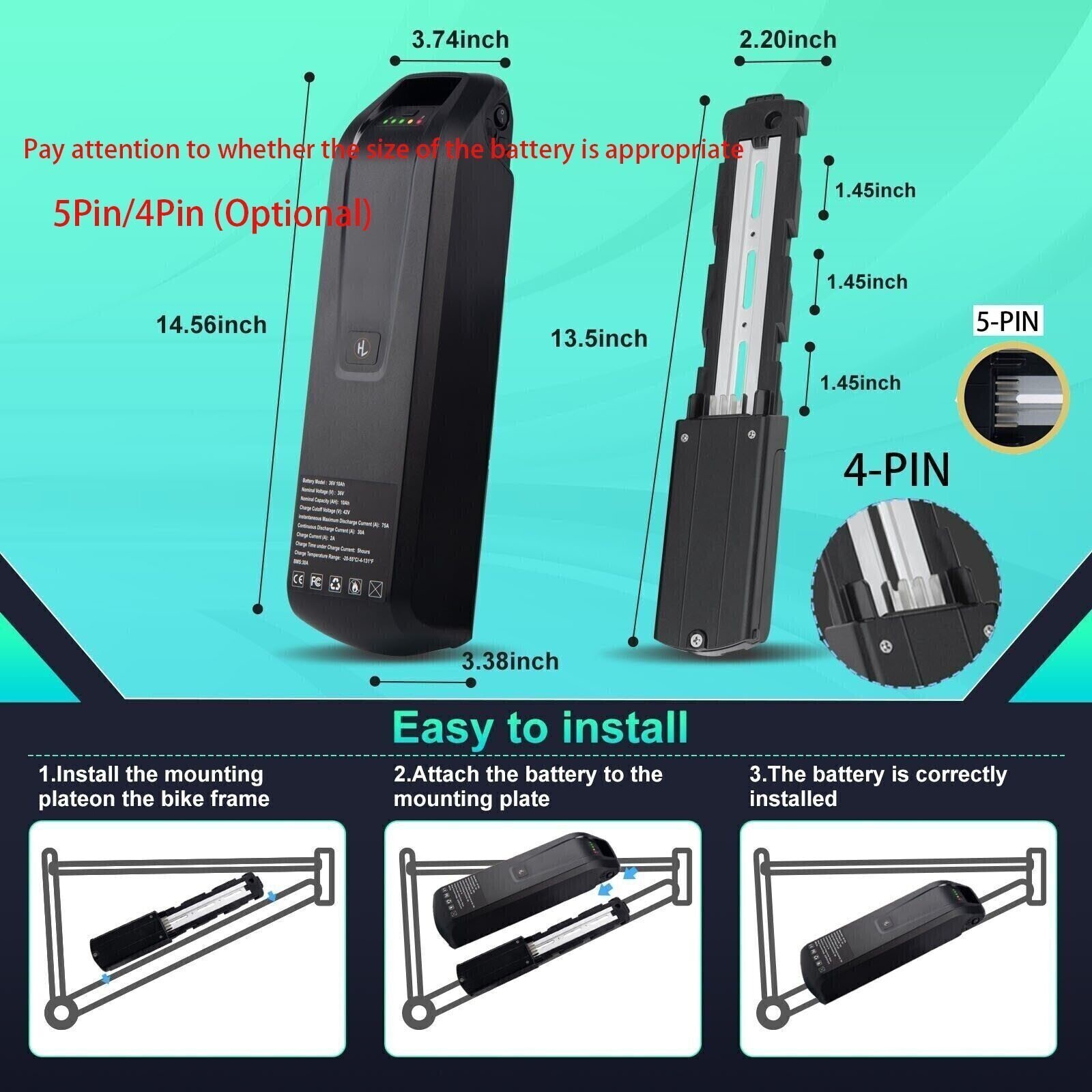 52V 48V 36V 10Ah 15Ah 20Ah Electric Bike Bicycle Ebike Lithium Battery 4Pin/5Pin