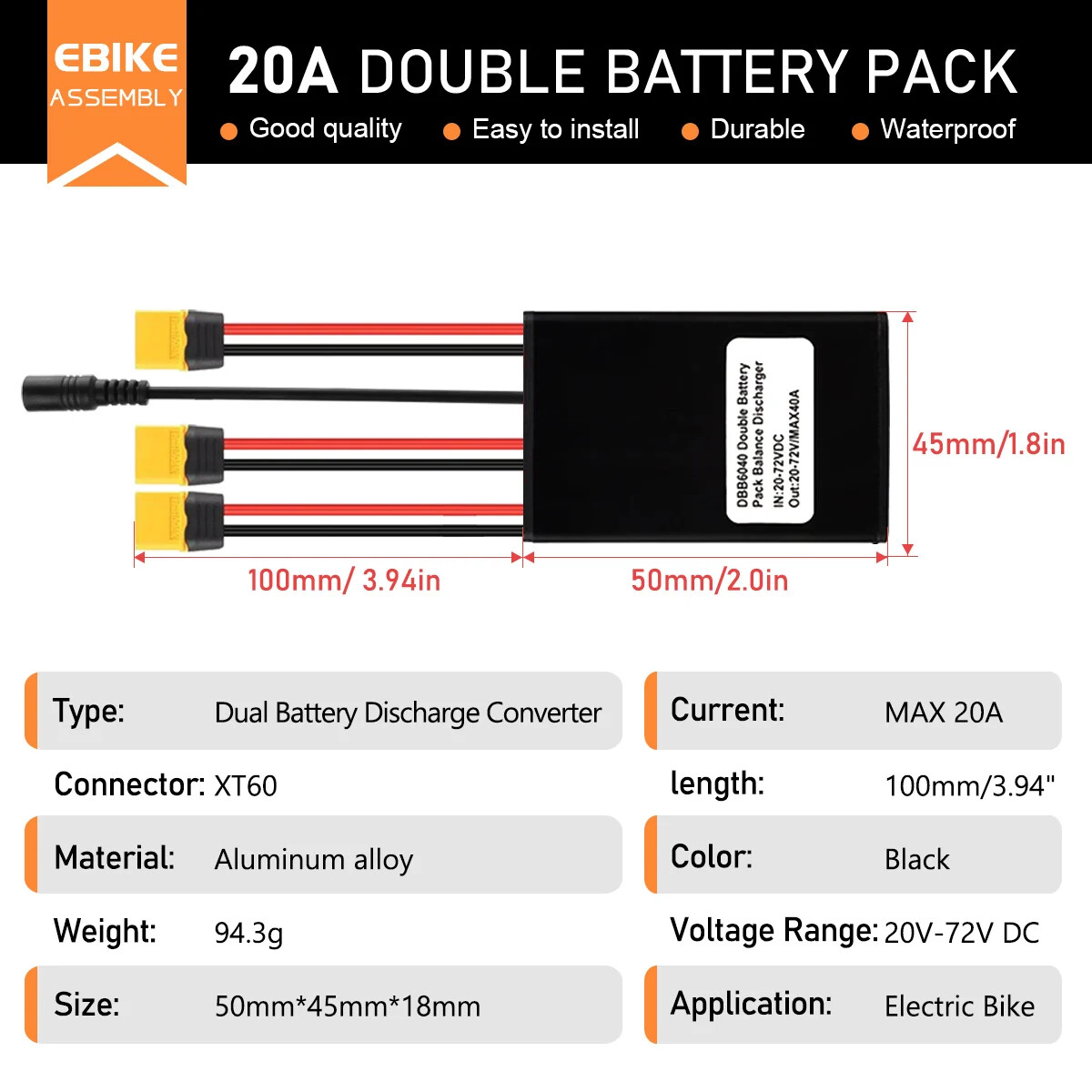 20A 30A 40A Ebike Dual Battery Discharge Converter Connection Adapter 20V-72V